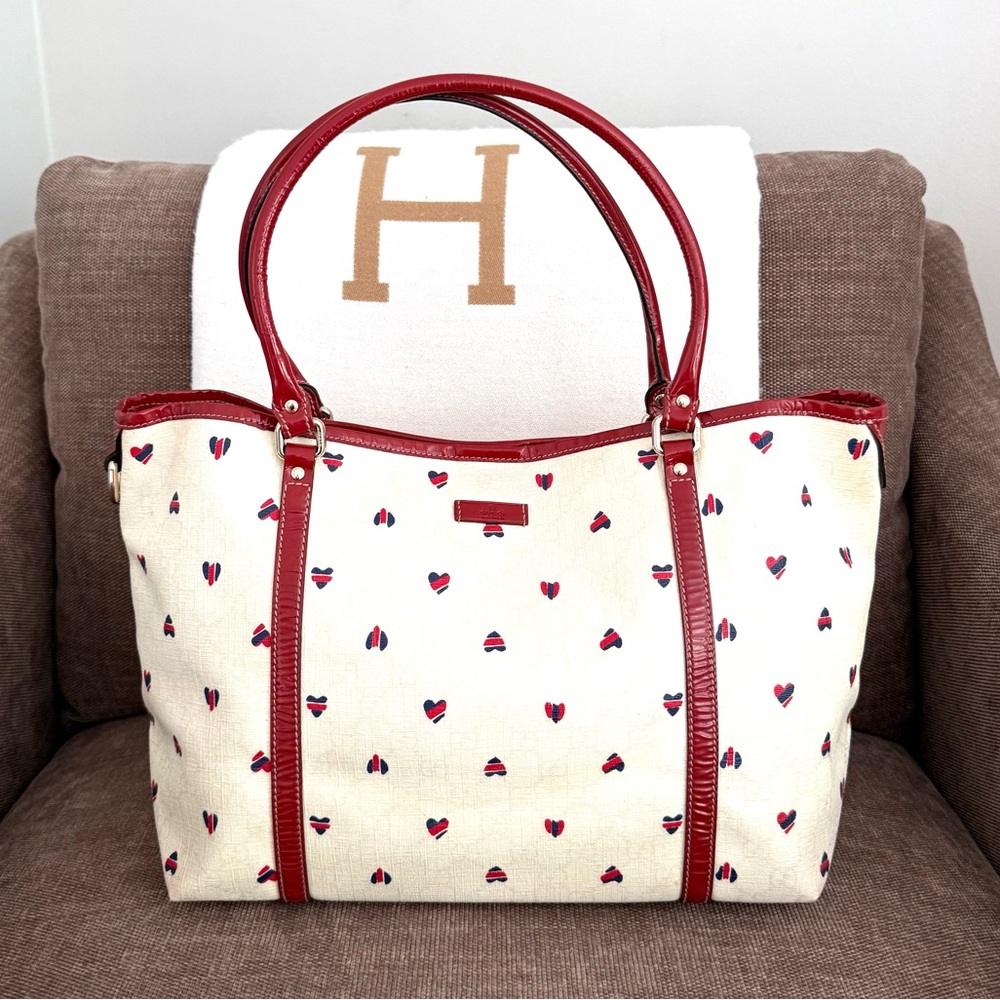 Authentic Gucci Joy Tote Bag white supreme canvas hearts motif red leather